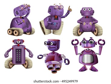 Purple robots in six designs illustration