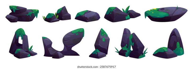 Purple rock collection with green moss - natural stone assets in cartoon style for game environment. Scenic boulders covered with grass patches, vegetation leaves for fantasy landscape design.