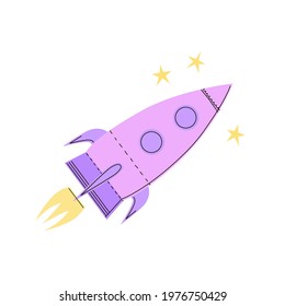 A purple rocket flies against a background of three stars. Flat vector illustration isolated on white background
