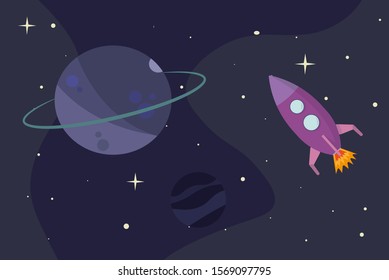 purple rocket flying into space