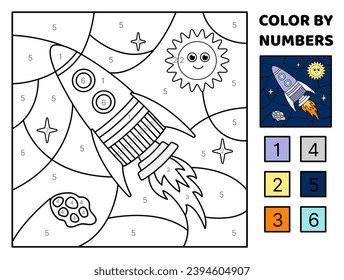 Cohetes morados, sol, meteorito en el espacio. Color por número. Espacio. Colorido de la página. Juego para niños. Caricatura, vector. Ilustración vectorial aislada eps 10