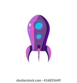 Purple Rocket Toy Aircraft Glossy Vector Drawing In Childish Fun Style Isolated On White Background