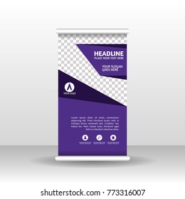 Purple roll up banner design brochure flyer vertical template, vector x-banner and street business flag-banner, cover presentation abstract geometric background vertical layout.