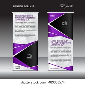 Purple roll up banner stand template, stand design,banner design, pull up,  flyer template, advertisement, polygon background, display layout