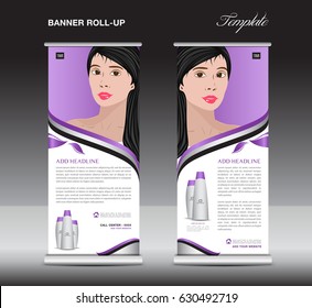 Purple Roll up banner template, cosmetics stand design, business brochure flyer, advertisement, print ads, media