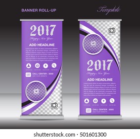 Purple roll up banner template, banner design, stand template, display template, pull up, happy new year 2017