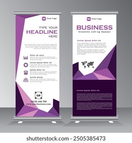 Purple roll up banner template, vertical banner template design, modern x-banner and flag-banner advertising with print ready colours, vector eps 10