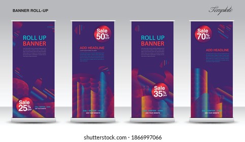 Purple Roll up banner vector template, Modern Exhibition Advertising Trend Business Roll Up Banner, Stand, Poster, Brochure flat design, Presentation, display, x-banner, flag-banner. Stock vector.