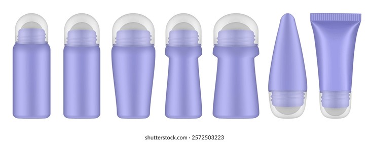 Purple roller ball bottles with transparent caps. Body antiperspirant deodorant roll-on. Realistic vector mockup. Roller Applicator	
