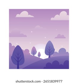 Purple rolling hills dotted with stylized trees and bushes bask in the warm glow of the setting sun, all beneath a dreamy, star filled evening sky painted in shades of purple