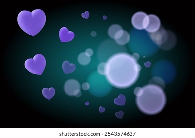 Purple romantic hearts on a green background with bokeh effect. Holiday symbol of love, birthday, Valentine's Day. Design of a greeting card. Festive contemporary banner. Vector 3d.