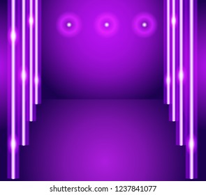 Purple room with neon glowing stripes - vector background. Modern backdrop with perspective and light effects. For covers, flyers, banners.