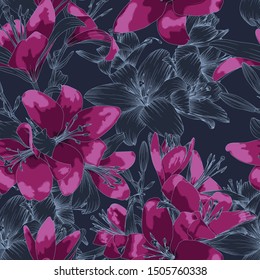 purple rose floral seamless pattern on a dark background with hand drawn flowers, tileable for wallpaper card or fabric.