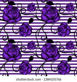 Purple Rose Flower Seamless Pattern On Striped Background For Fabric, Cloth, Textile, Print, Material, Wallpaper, Backsplash Or Wrapping Paper. Floral Backdrop Vector Illustration