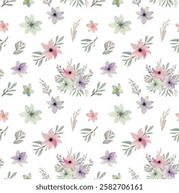 Purple rose flower seamless pattern with watercolor