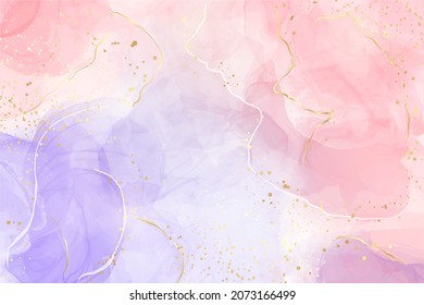 Purple rose and lavender liquid marble background with gold stripes and glitter dust. Pastel pink violet watercolor drawing effect. Vector illustration backdrop with gold splatter for wedding invite.