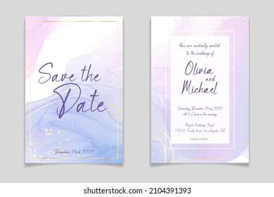 Purple rose and lavender liquid marble background with gold stripes and glitter dust. Pastel pink violet watercolor drawing effect. Vector illustration backdrop with gold splatter for wedding invite.