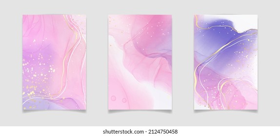 Purple rose and lavender liquid marble background with gold stripes and glitter dust. Pastel pink violet watercolor drawing effect. Vector illustration backdrop with gold splatter for wedding invite.