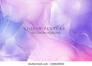 Purple rose and lavender liquid marble background with gold stripes and glitter dust. Pastel pink violet watercolor drawing effect. Vector illustration backdrop with gold splatter for wedding invite.