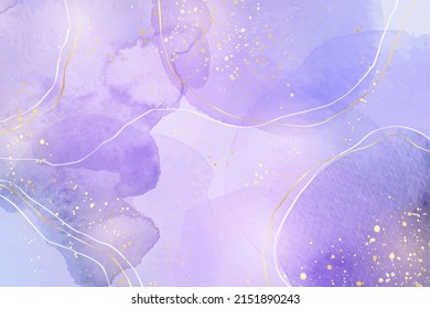 Purple rose and lavender liquid marble background with gold stripes and glitter dust. Pastel pink violet watercolor drawing effect. Vector illustration backdrop with gold splatter for wedding invite