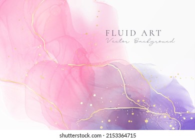 Purple rose and lavender liquid marble background with gold stripes and glitter dust. Pastel pink violet watercolor drawing effect. Vector illustration backdrop with gold splatter for wedding invite