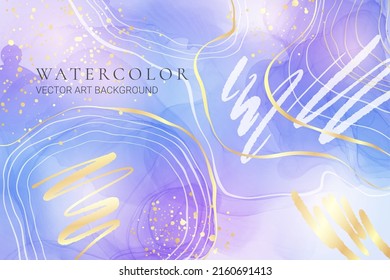 Purple rose and lavender liquid marble background with gold stripes and glitter dust. Pastel pink violet watercolor drawing effect. Vector illustration backdrop with gold splatter for wedding invite