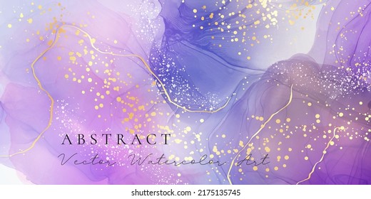 Purple rose and lavender liquid marble background with gold stripes and glitter dust. Dusty pink violet watercolor drawing effect. Vector illustration backdrop with gold splatter for wedding invite Stock Vector
