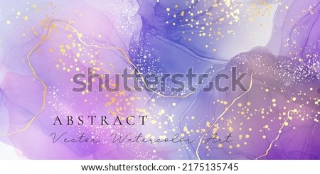 Purple rose and lavender liquid marble background with gold stripes and glitter dust. Dusty pink violet watercolor drawing effect. Vector illustration backdrop with gold splatter for wedding invite