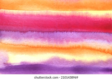 Purple rose, lavender and orange liquid striped watercolor gradient background. Hand-drawn ombre watercolour drawing effect. Vector illustration backdrop with brush strokes texture.