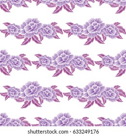 Purple rose seamless pattern with  embroidery stitches. Vector background.
