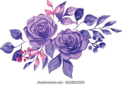 Purple Rose Watercolor Clipart, Hand painted watercolor flower collection, Watercolor purple rose flower bouquet decoration set perfect to wedding invitations, greeting cards, logos, branding