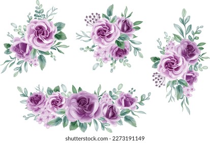 Purple Rose Watercolor floral arrangement bouquet. Luxurious floral lilac elements, botanical background or wallpaper design, prints and invitations, and postcards.