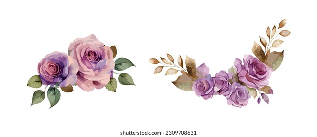 Purple roses flower wreath watercolor isolated on white background. Wedding and invitation clipart element vector illustration