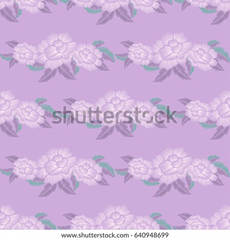Purple roses seamless pattern with embroidery stitches. Vector background.