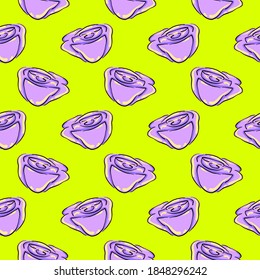 Rosas moradas, patrón sin costura sobre fondo verde.