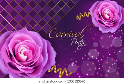 Purple roses Vector realistic. Violet background with glitter lights decors