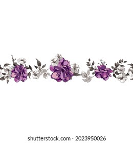 El Vector De Rosas Púrpura Repite El Borde Del Patrón Horizontal Sin Margen. Utilícelo para tela, embalaje, papel pintado o invitaciones.
