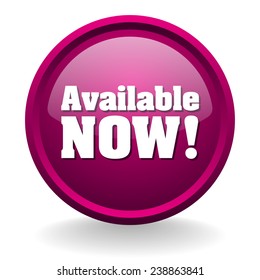 Purple round available now button on white background