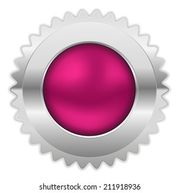 Purple round badge with chrome border on white background