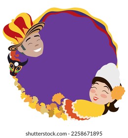 Purple round button decorated with petals, torito mask, Colombian flag and the smiling faces of Momo King and Barranquilla's Carnival Queen in flat style.