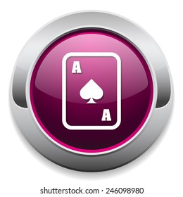 Purple round button with peak ace icon and metallic border