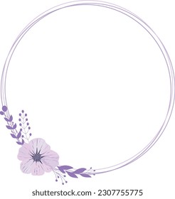 Purple round floral frame. Botanical template with flowers