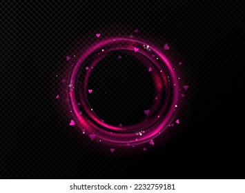 Purple round frame, light effect circle with sparks and hearts. Love magic glow border with star dust and sparkles. Saturated pink vortex, isolated magician spell Realistic 3d vector illustration