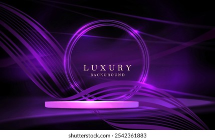 Purple round frame and podium with ribbons and glitter on black background.