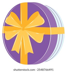 Purple round gift box with yellow ribbon and bow, Vector