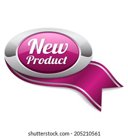 Purple round new product button with metallic border on white background