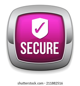 Purple round secure button with metallic border on white background
