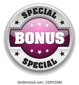 Purple round special bonus button with metallic border