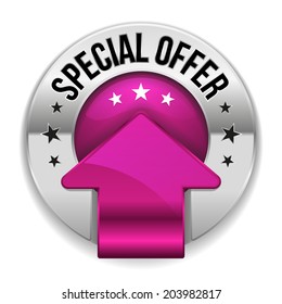 Purple round special offer button with arrow on white background