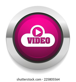 Purple round video button with metallic border on white background